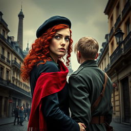A captivating book cover for a historical fiction novel, featuring a modern woman with striking gray blue eyes, pale skin, and long curly red hair
