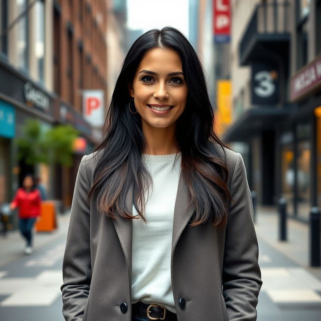 A realistic portrait of a woman aged approximately 37-40 years old with European features, long dark hair, dressed in full-length closed clothing suitable for everyday urban life