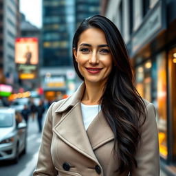 A realistic portrait of a woman aged approximately 37-40 years old with European features, long dark hair, dressed in full-length closed clothing suitable for everyday urban life