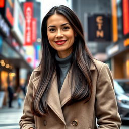 A realistic portrait of a woman aged approximately 37-40 years old with European features, long dark hair, dressed in full-length closed clothing suitable for everyday urban life