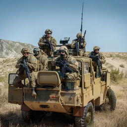 5 combatants in military fatigue, armed with assault rifles, missile launcher and radio in a rugged terrain vehicle