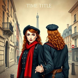 A stunning book cover for a historical fiction novel, featuring a modern woman with striking gray blue eyes, pale skin, and long curly red hair