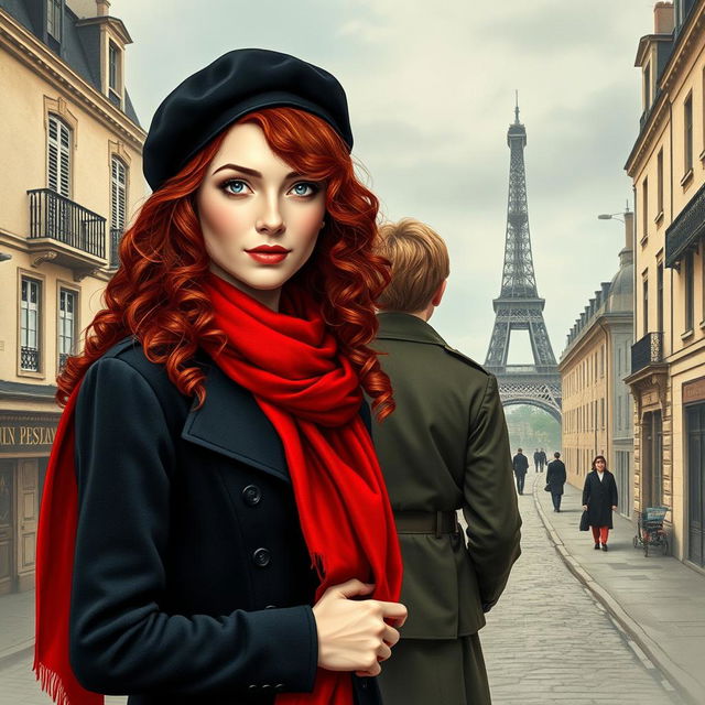 A stunning book cover for a historical fiction novel, featuring a modern woman with striking gray blue eyes, pale skin, and long curly red hair