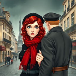 A stunning book cover for a historical fiction novel, featuring a modern woman with striking gray blue eyes, pale skin, and long curly red hair