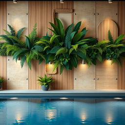 An inviting design for a wall in an indoor pool area adorned with artificial plants and decorative panels