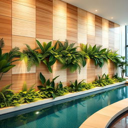 An inviting design for a wall in an indoor pool area adorned with artificial plants and decorative panels