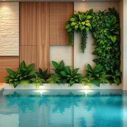 An inviting design for a wall in an indoor pool area adorned with artificial plants and decorative panels