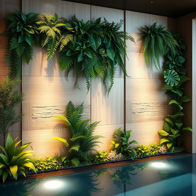 An inviting design for a wall in an indoor pool area adorned with artificial plants and decorative panels