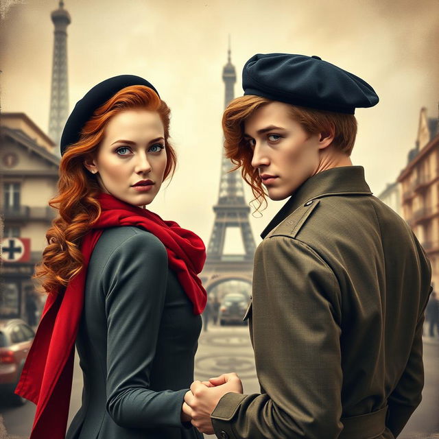 An eye-catching book cover for a historical fiction novel, depicting a modern woman with striking gray blue eyes, pale skin, and long curly red hair