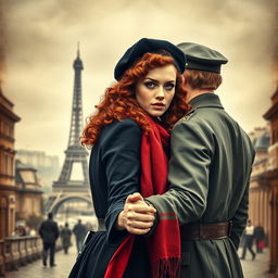 An eye-catching book cover for a historical fiction novel, depicting a modern woman with striking gray blue eyes, pale skin, and long curly red hair