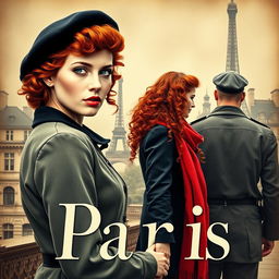 An eye-catching book cover for a historical fiction novel, depicting a modern woman with striking gray blue eyes, pale skin, and long curly red hair