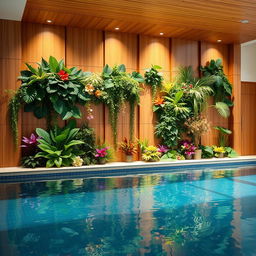 A beautiful design for a wall in an indoor pool area featuring artificial plants and decorative panels