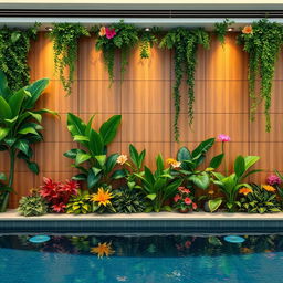 A beautiful design for a wall in an indoor pool area featuring artificial plants and decorative panels