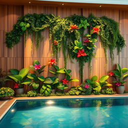 A beautiful design for a wall in an indoor pool area featuring artificial plants and decorative panels