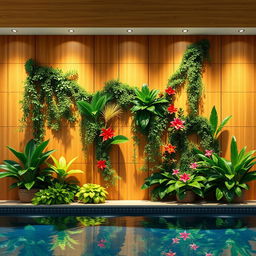 A beautiful design for a wall in an indoor pool area featuring artificial plants and decorative panels