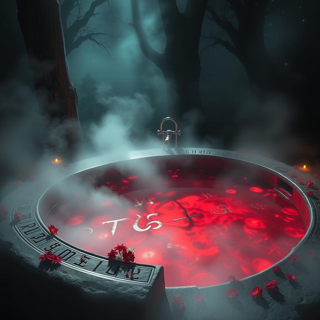 A hauntingly beautiful scene depicting a blood-red bath, symbolizing mythological themes