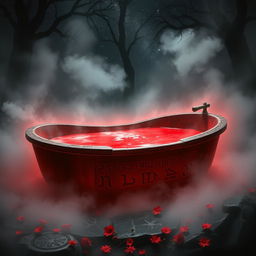 A hauntingly beautiful scene depicting a blood-red bath, symbolizing mythological themes