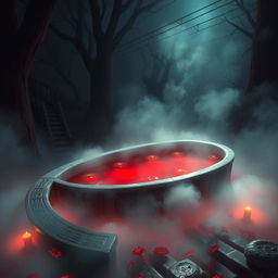 A hauntingly beautiful scene depicting a blood-red bath, symbolizing mythological themes