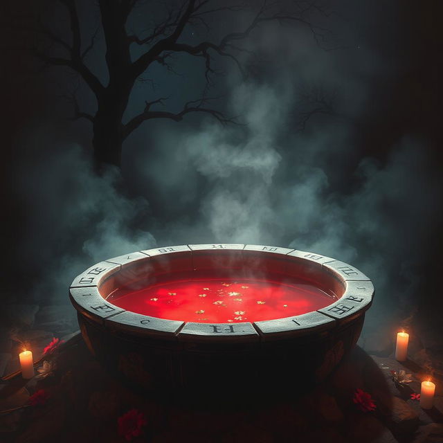 A hauntingly beautiful scene depicting a blood-red bath, symbolizing mythological themes