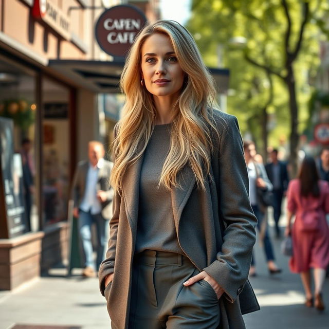 A realistic full-length portrait of a woman around 40 years old with European features, showcasing long blonde hair that cascades down her shoulders