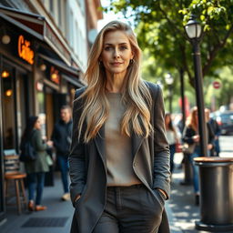 A realistic full-length portrait of a woman around 40 years old with European features, showcasing long blonde hair that cascades down her shoulders