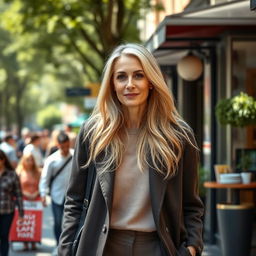 A realistic full-length portrait of a woman around 40 years old with European features, showcasing long blonde hair that cascades down her shoulders