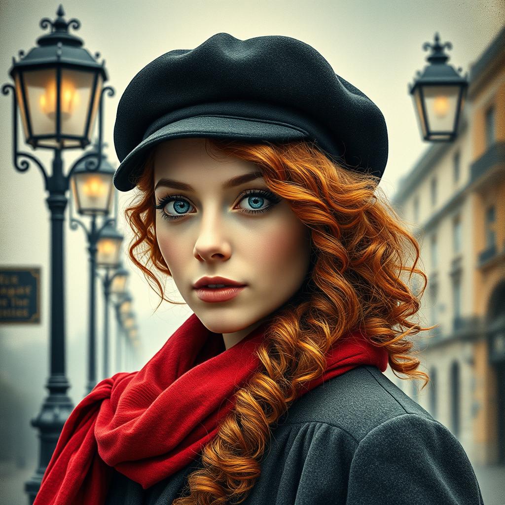 An enchanting book cover for a historical fiction novel, showcasing a modern woman with captivating gray blue eyes, pale skin, and long curly red hair