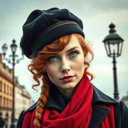 An enchanting book cover for a historical fiction novel, showcasing a modern woman with captivating gray blue eyes, pale skin, and long curly red hair
