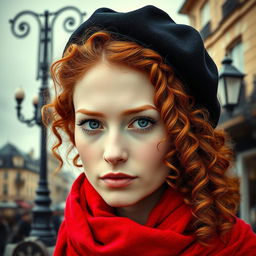 An enchanting book cover for a historical fiction novel, showcasing a modern woman with captivating gray blue eyes, pale skin, and long curly red hair