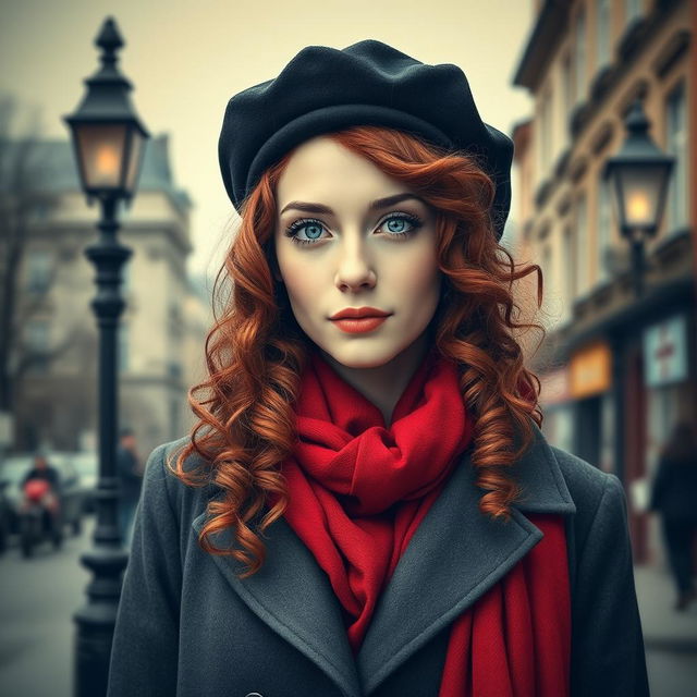 An enchanting book cover for a historical fiction novel, showcasing a modern woman with captivating gray blue eyes, pale skin, and long curly red hair