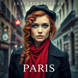 A captivating book cover for a historical fiction novel, featuring a modern woman with enchanting gray blue eyes, pale skin, and long, curly red hair