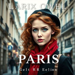 A captivating book cover for a historical fiction novel, featuring a modern woman with enchanting gray blue eyes, pale skin, and long, curly red hair