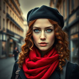 A captivating book cover for a historical fiction novel, featuring a modern woman with enchanting gray blue eyes, pale skin, and long, curly red hair