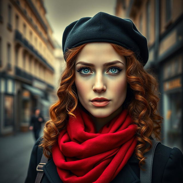 A captivating book cover for a historical fiction novel, featuring a modern woman with enchanting gray blue eyes, pale skin, and long, curly red hair