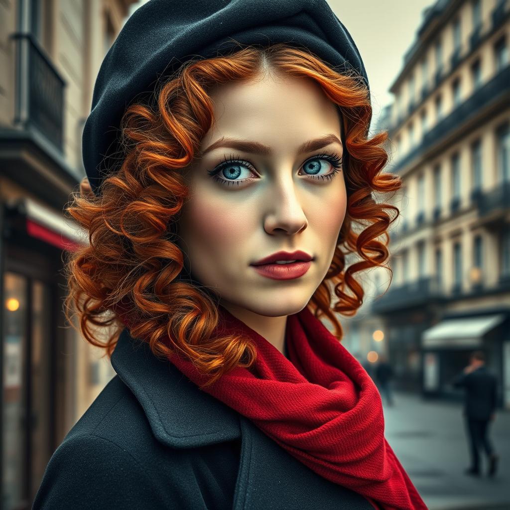 A captivating book cover for a historical fiction novel, featuring a modern woman with enchanting gray blue eyes, pale skin, and long, curly red hair