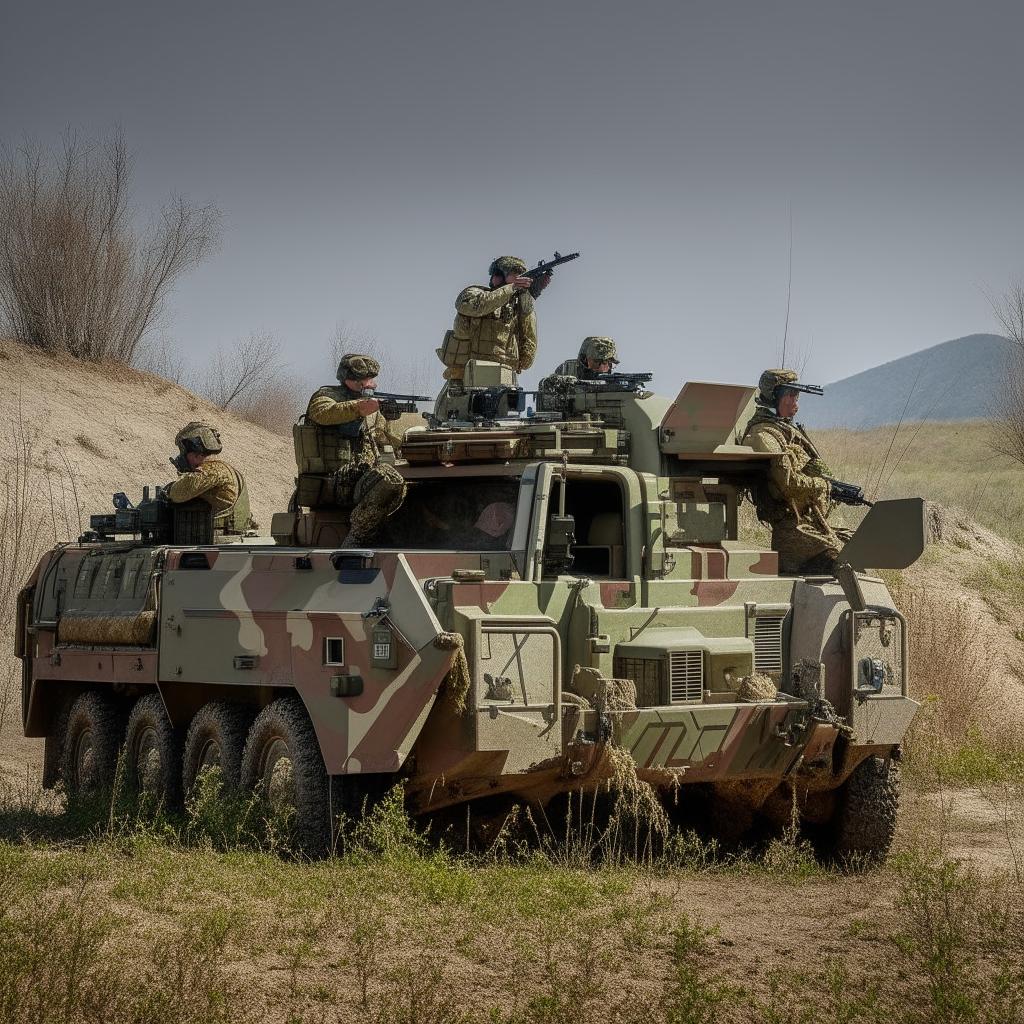 5 combatants in military fatigue, armed with assault rifles, missile launcher and radio in a rugged terrain vehicle