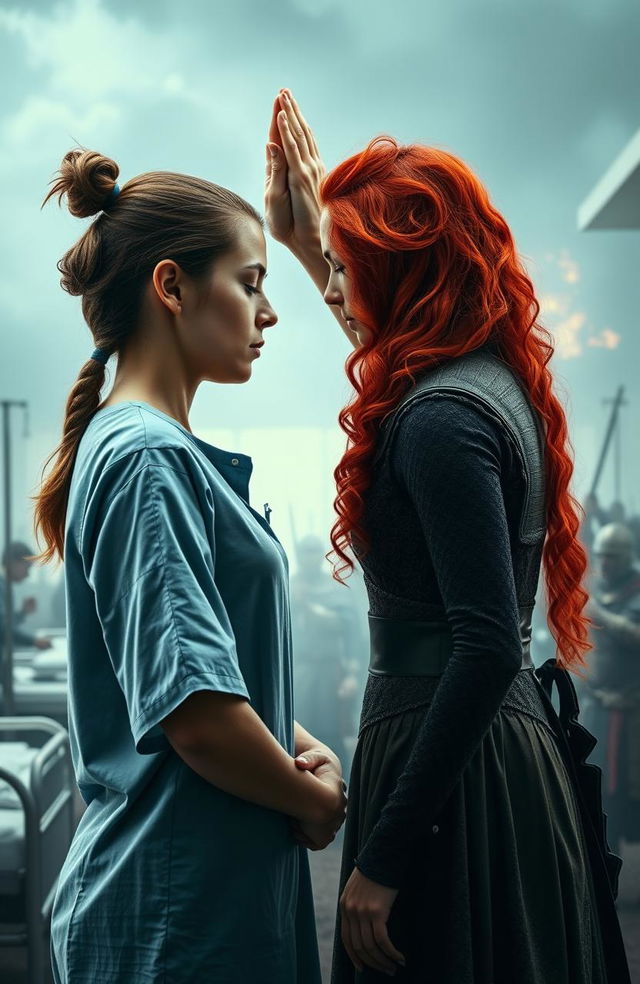 A captivating side profile of two ladies sharing a high five above their shoulders, their foreheads faintly touching as they close their eyes in a moment of connection