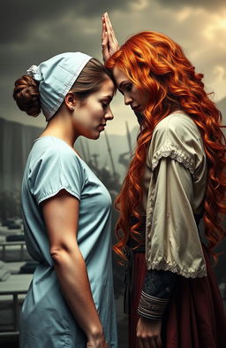 A captivating side profile of two ladies sharing a high five above their shoulders, their foreheads faintly touching as they close their eyes in a moment of connection