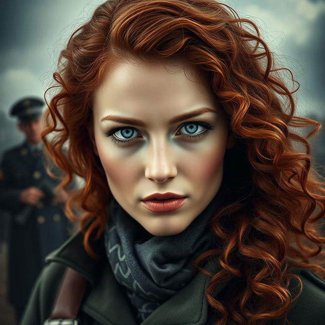 A striking book cover for a historical fiction novel, featuring a modern woman with captivating gray blue eyes, pale skin, and long, flowing curly red hair