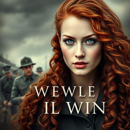 A striking book cover for a historical fiction novel, featuring a modern woman with captivating gray blue eyes, pale skin, and long, flowing curly red hair