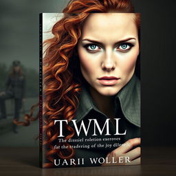 A striking book cover for a historical fiction novel, featuring a modern woman with captivating gray blue eyes, pale skin, and long, flowing curly red hair