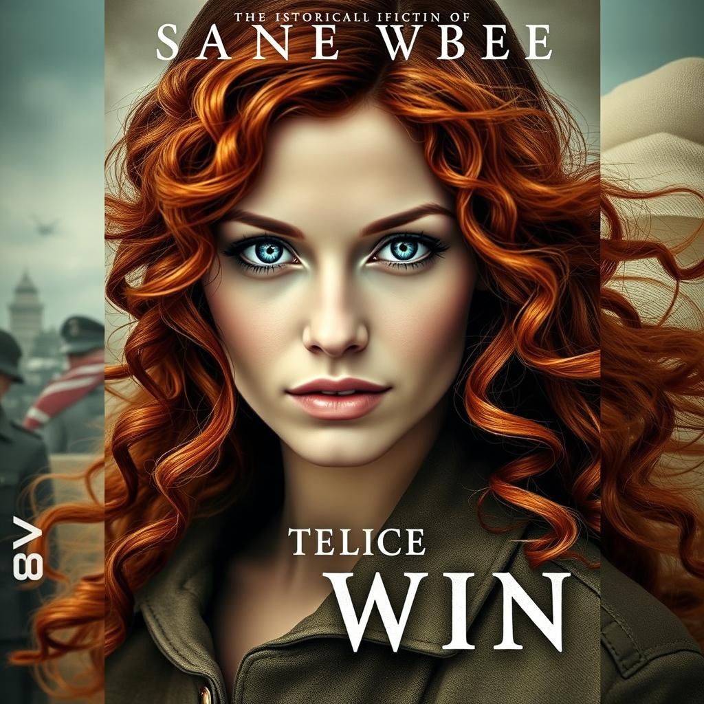 A striking book cover for a historical fiction novel, featuring a modern woman with captivating gray blue eyes, pale skin, and long, flowing curly red hair