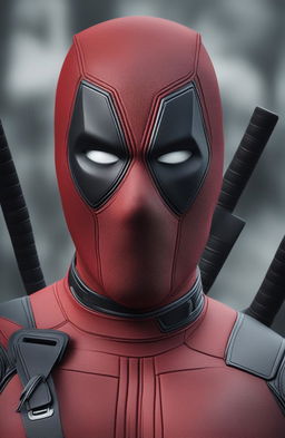 This 32k HD digital photograph features an ultra-detailed, realistic close-up of Deadpool's mask, capturing every seam, stitch, and texture