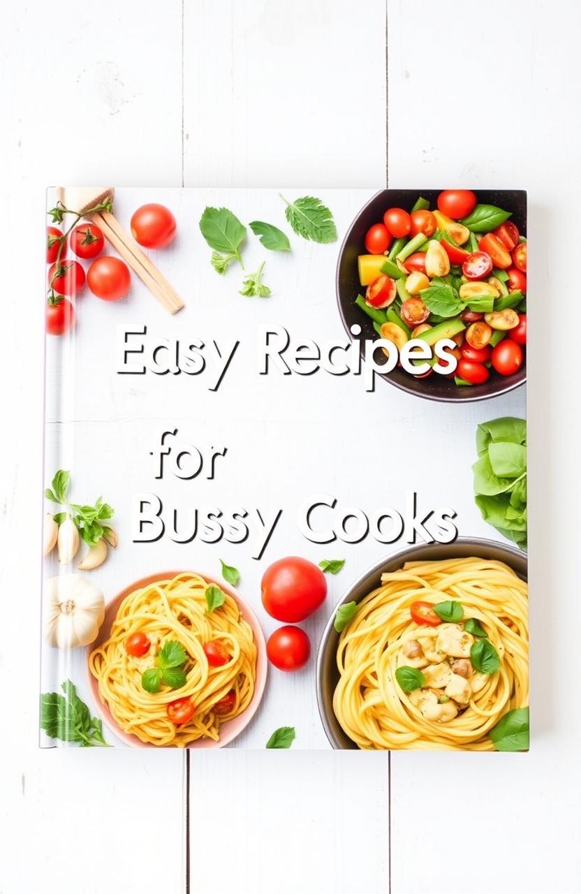 A vibrant and colorful cookbook cover featuring an assortment of fresh ingredients and easy-to-cook meals