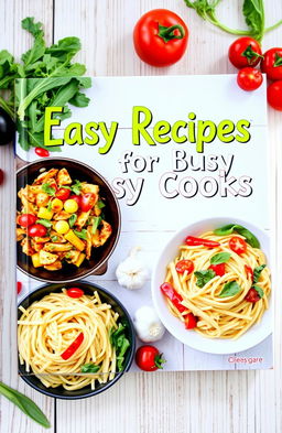 A vibrant and colorful cookbook cover featuring an assortment of fresh ingredients and easy-to-cook meals