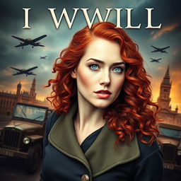An eye-catching cover art for a historical fiction novel featuring a modern woman with striking gray blue eyes, pale skin, and long curly red hair