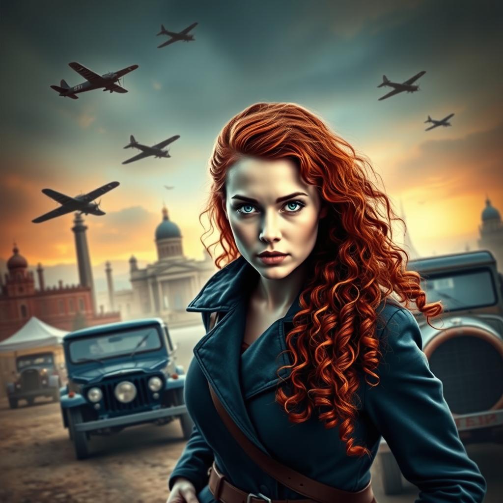 An eye-catching cover art for a historical fiction novel featuring a modern woman with striking gray blue eyes, pale skin, and long curly red hair