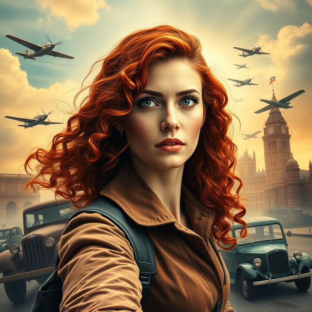 An eye-catching cover art for a historical fiction novel featuring a modern woman with striking gray blue eyes, pale skin, and long curly red hair