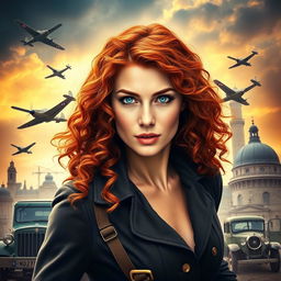 An eye-catching cover art for a historical fiction novel featuring a modern woman with striking gray blue eyes, pale skin, and long curly red hair
