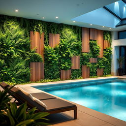 An interior pool area featuring a stunning wall decoration designed with vertical artificial plants and elegant panels